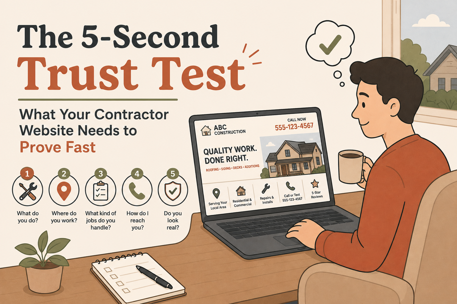 Illustration of a man on a couch with coffee checking a contractor website on his laptop, with five trust-test icons: what do you do, where do you work, what jobs do you handle, how do I reach you, do you look real