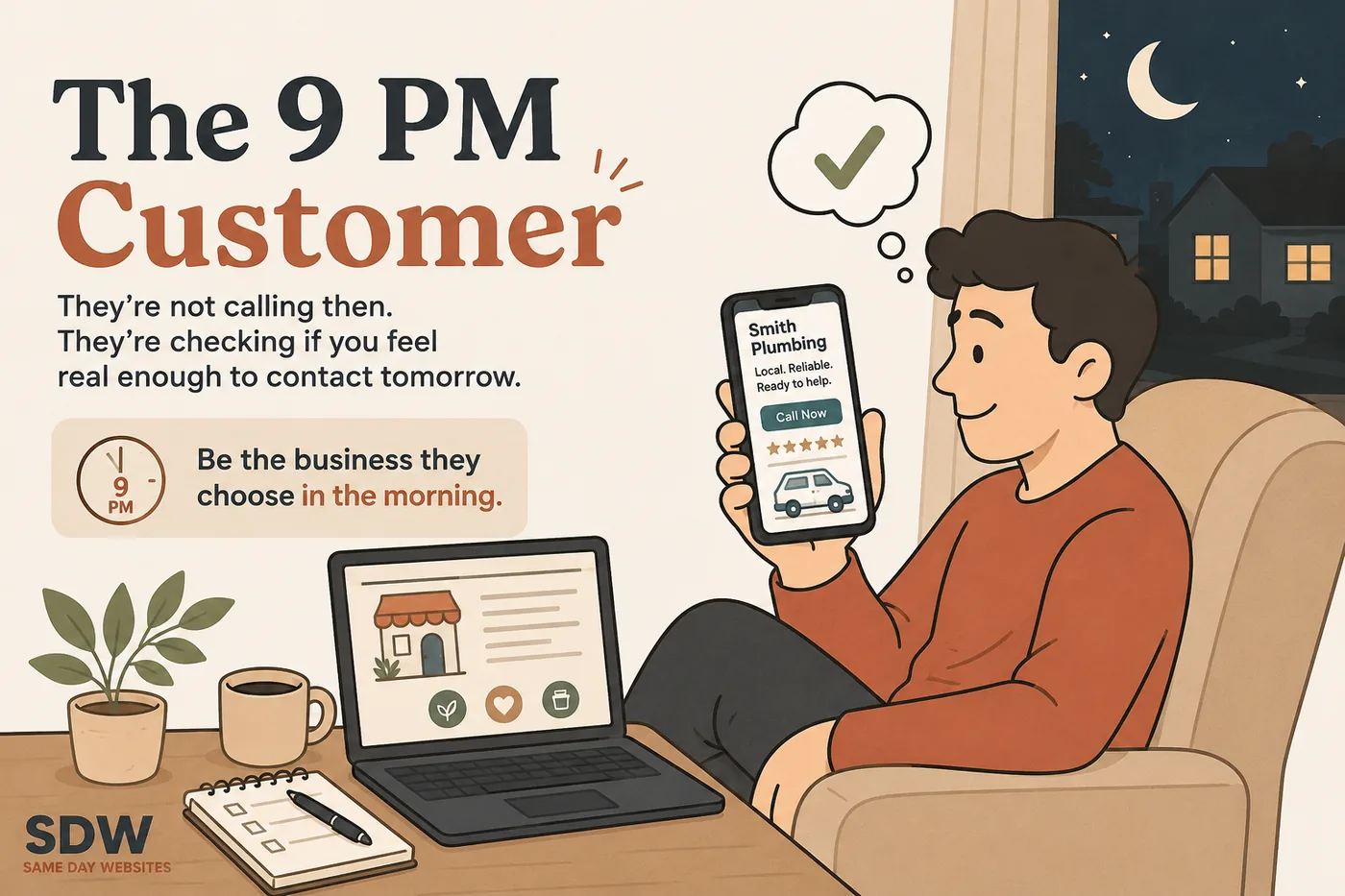 Illustration of a man on the couch at 9 PM looking up a local plumbing business on his phone