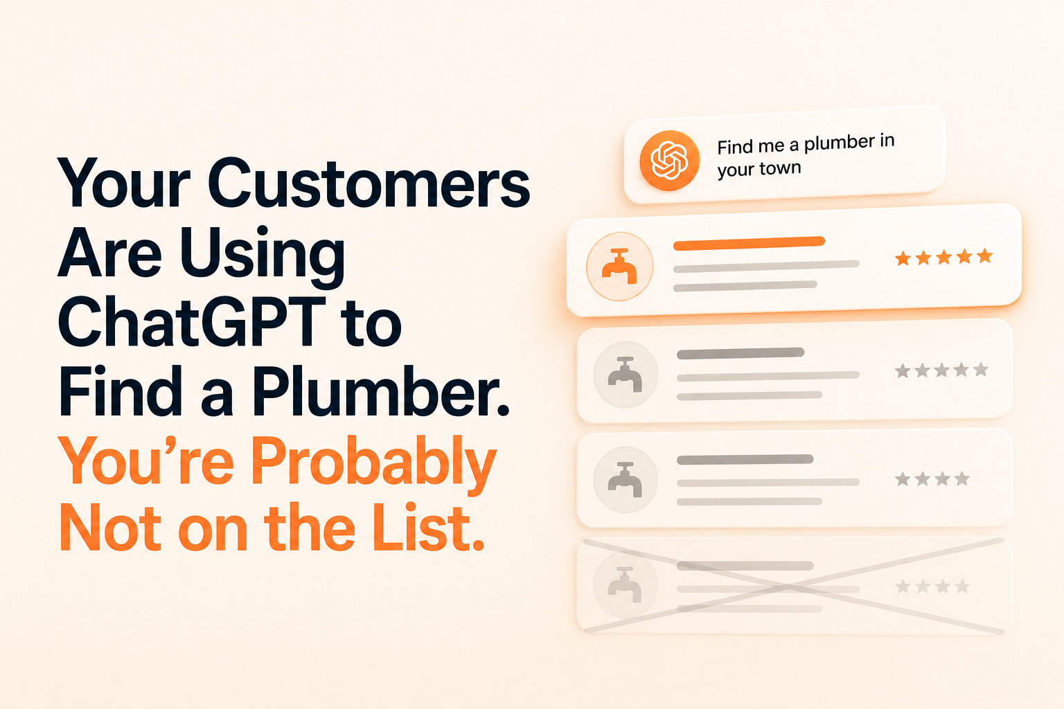 ChatGPT search result list for 'Find me a plumber in your town', with the headline 'Your Customers Are Using ChatGPT to Find a Plumber. You're Probably Not on the List.'
