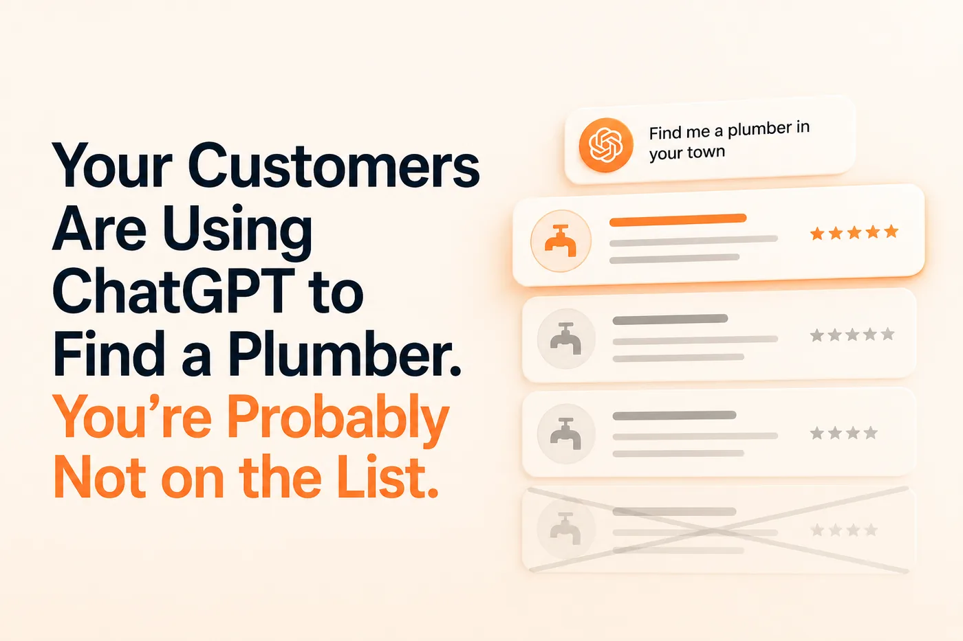 ChatGPT search result list for 'Find me a plumber in your town', with the headline 'Your Customers Are Using ChatGPT to Find a Plumber. You're Probably Not on the List.'