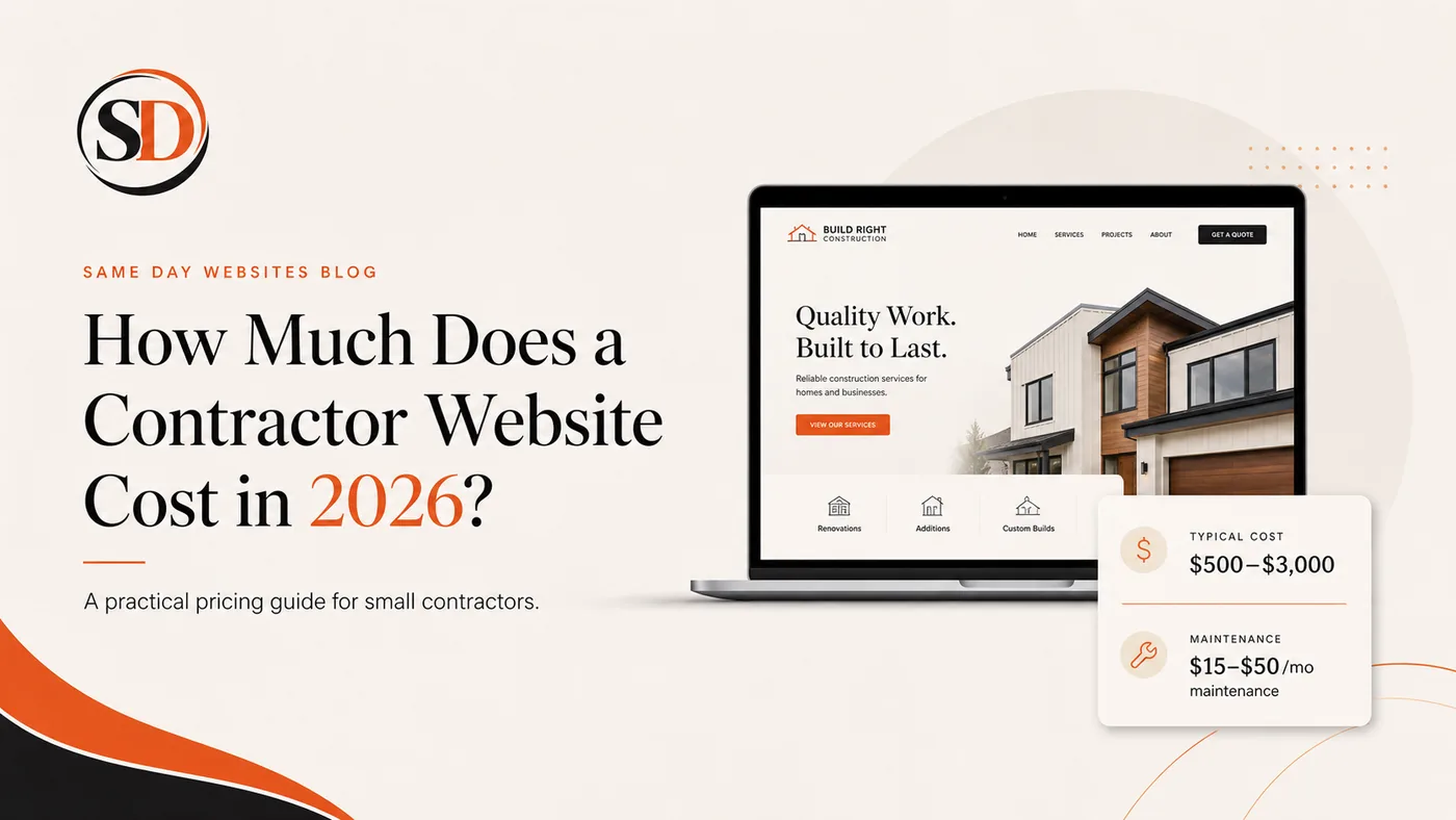 Same Day Websites blog cover showing a contractor website on a laptop with typical cost $500-$3,000 and maintenance $15-$50 per month