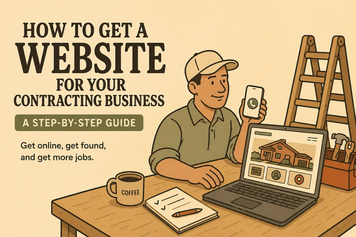 Same Day Websites blog cover showing a contractor at a desk with a phone and laptop and the headline How to Get a Website for Your Contracting Business: A Step-by-Step Guide