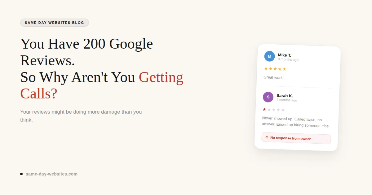 Blog cover showing Google reviews with unanswered negative feedback and the question: why aren't you getting calls?